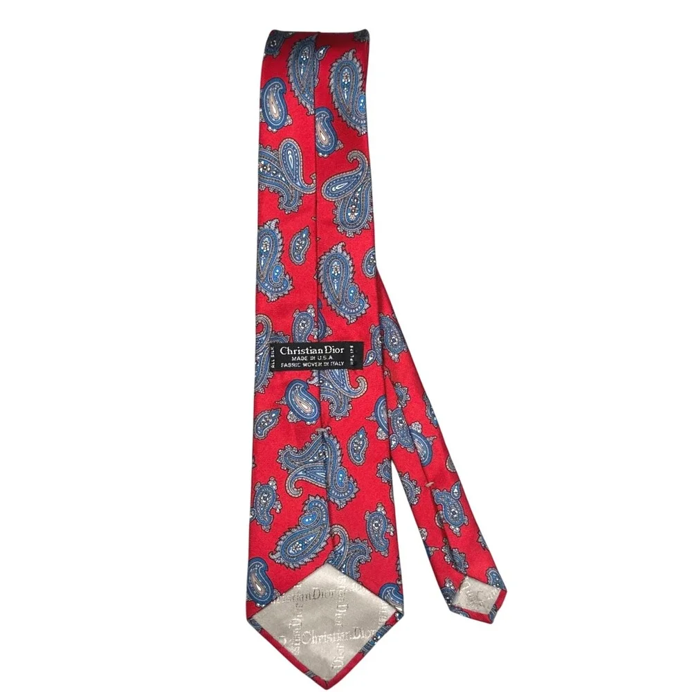 Christian Dior Paisley Silk Necktie Mens OS Red Blue Italian Fabric Classic Tie